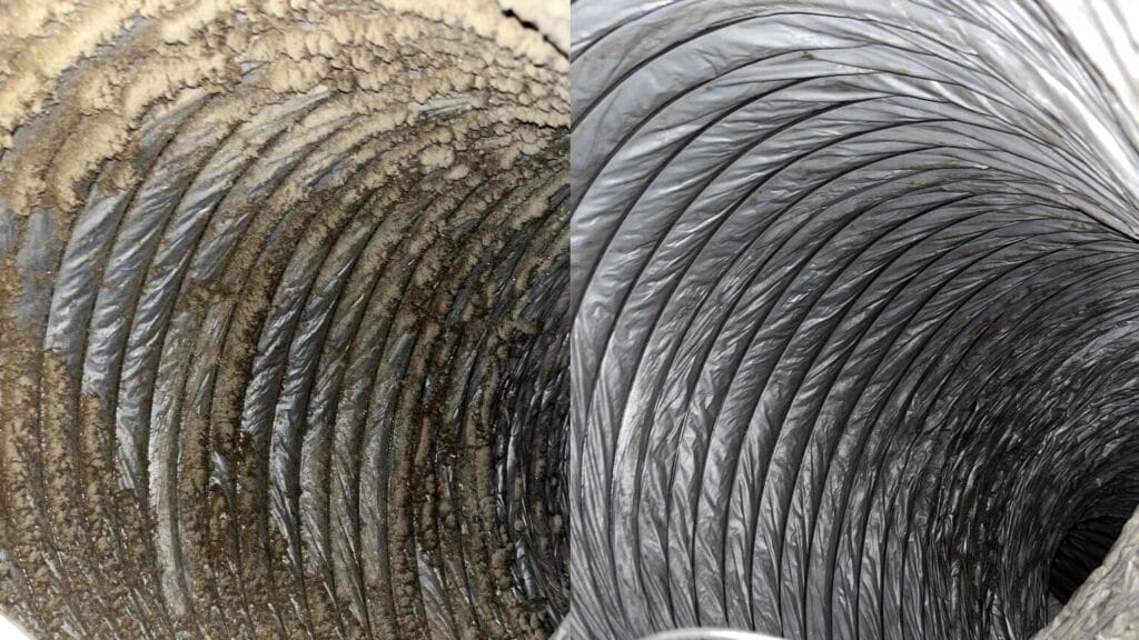 A comparison image showing the inside of two air ducts side by side. On the left, the duct is covered in heavy dust buildup, while the right image shows a clean, shiny duct after cleaning. The difference between the two ducts is stark, highlighting the effectiveness of the cleaning process.
